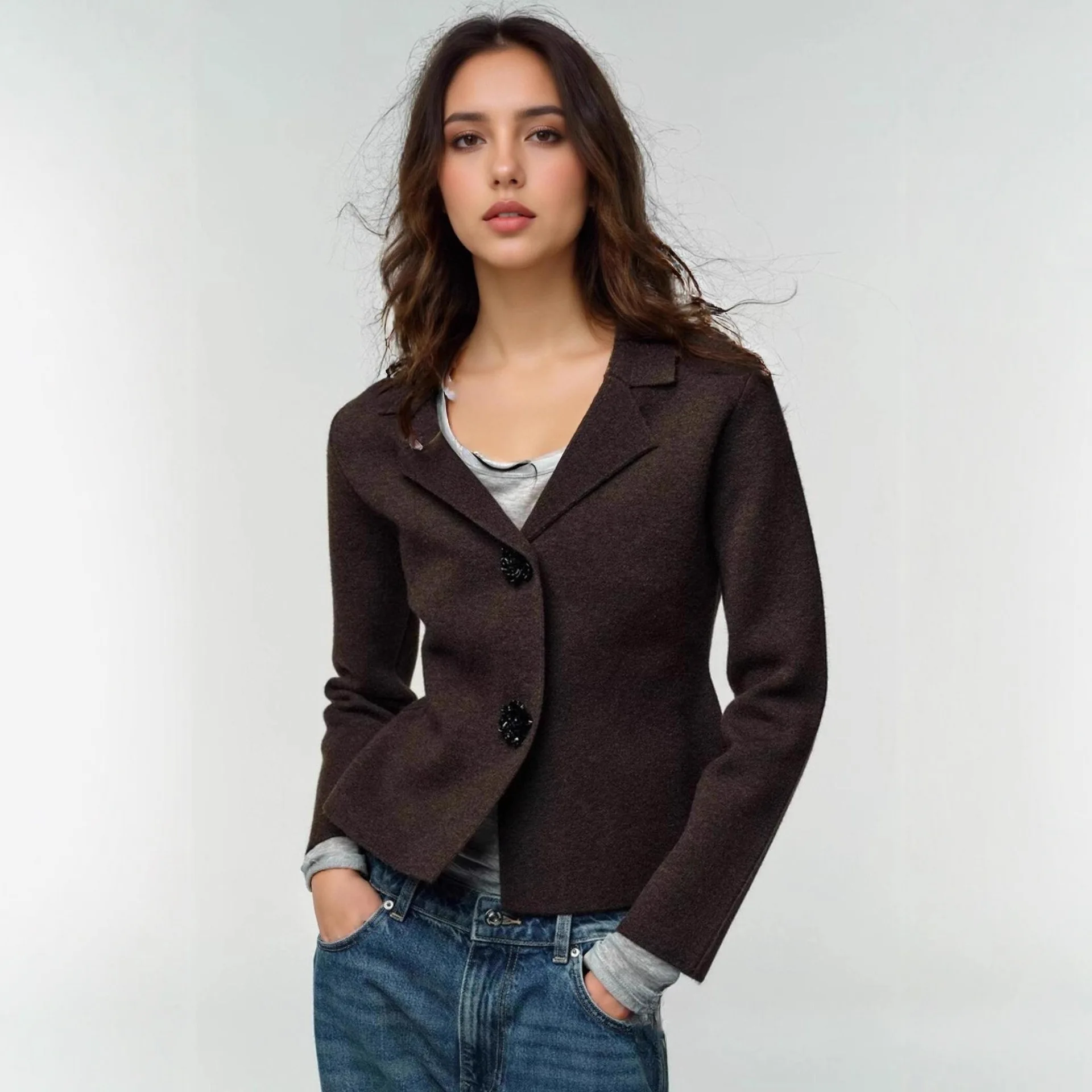 

Autumn Winter Fashion Single-Breasted Long Sleeve Blazer Versatile Stylish Cardigan Women's Knitted Collared Jacket