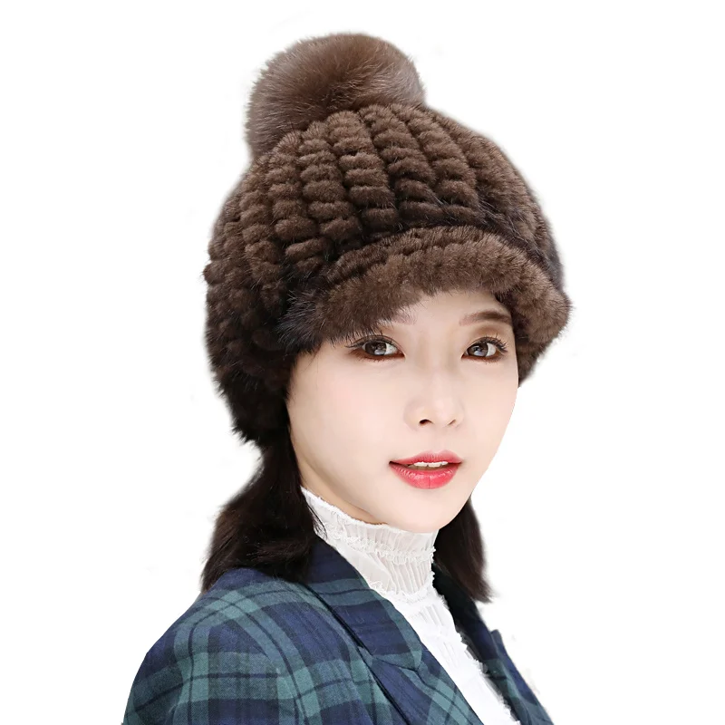 

100% Real Mink Fur Hat Women Winter Knitted Beanie Russian Girls Cap With Fox Fur Pom Poms Thick Female Cap Elastic Fur Hats