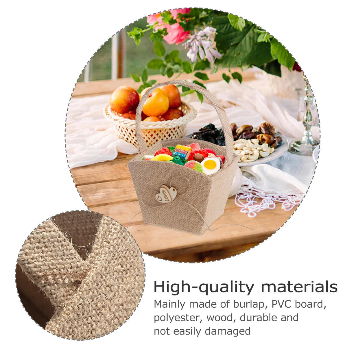 

Vintage Style Burlap Flower Girl Basket Natural Color Wedding Ceremony Candy Gift Holder Rustic Wedding Decoration Wooden Heart