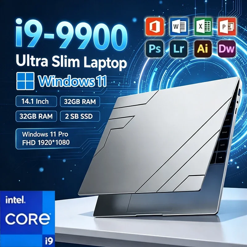 Intel Core i9 9900 2026 NEW 14.1 Inch Laptop 32GB RAM 2TB SSD Windows 11 Ultra Slim Gaming PC Gamer Office Notebook 1920x1080 HD