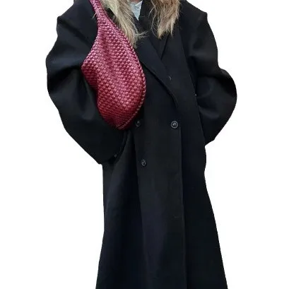 2025 Autumn and Winter Temperament Commuter Suit Collar Double-Breasted Long Woolen Coat Trench Coat for Women