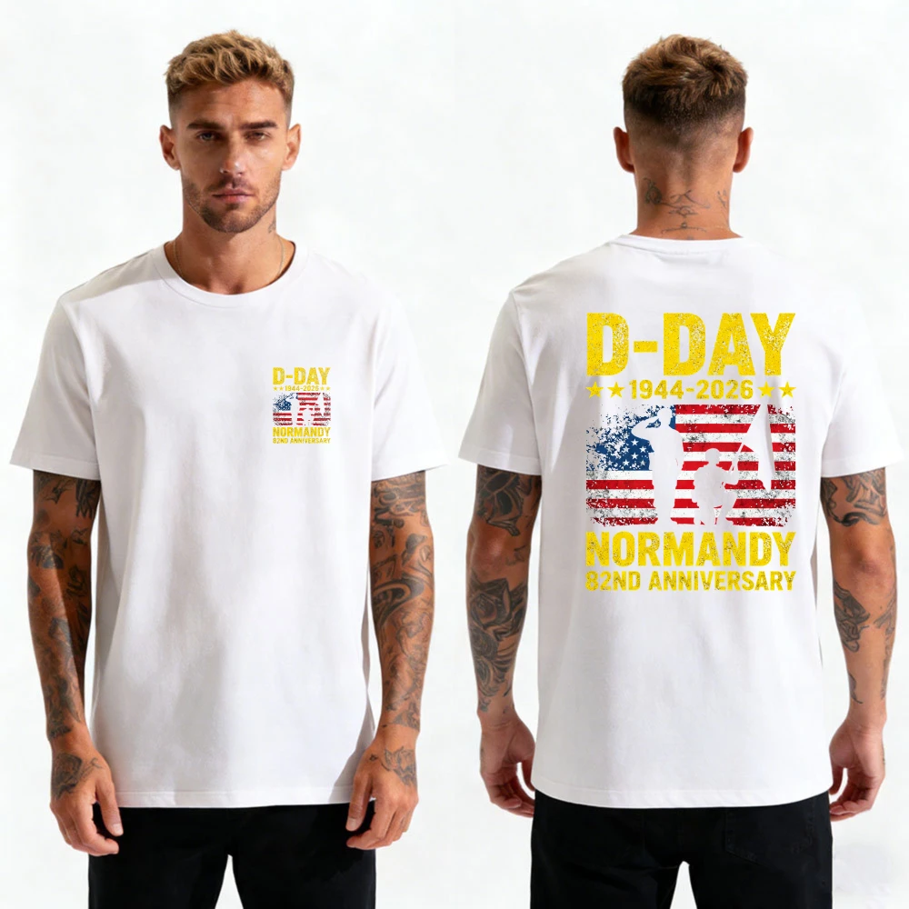 D-Day Normandy 82nd Anniversary 1944-2026 Men T-Shirt US Flag Vintage Print Double-Sided Patriotic Cotton Tee Men Clothing view 6
