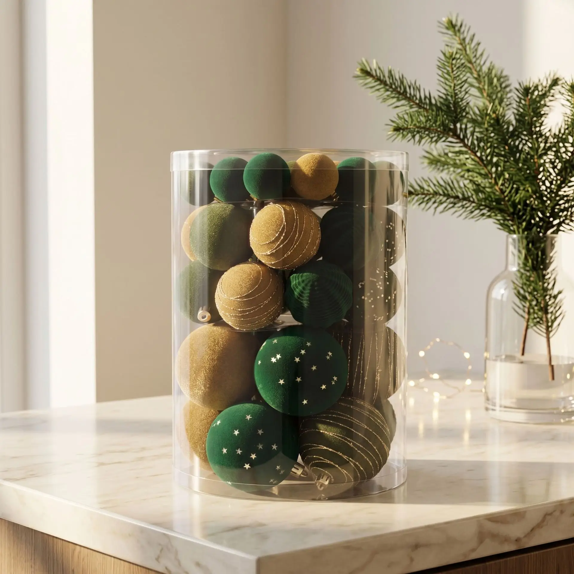 46Pcs Dark Green Coffee Flocked Christmas Ball Set Mall Window Forest Style Xmas Tree Hanging Ornaments Holiday Decor