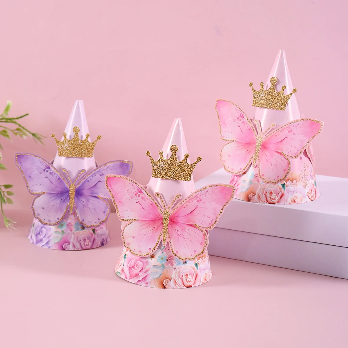 6pcs Mixed Pink Purple Butterfly Party Hats with Elastic String Paper Birthday Hat with Butterfly Stickers for Girls Photo Props view 6