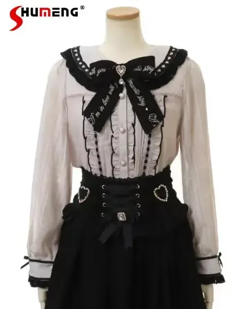 Imagem -02 - Camisa Japonesa Fofa para Mulheres Lolita Elegante Bordado Gola de Marinheiro Top Doce em Forma de Coração Renda Doce Blusa de Manga Comprida