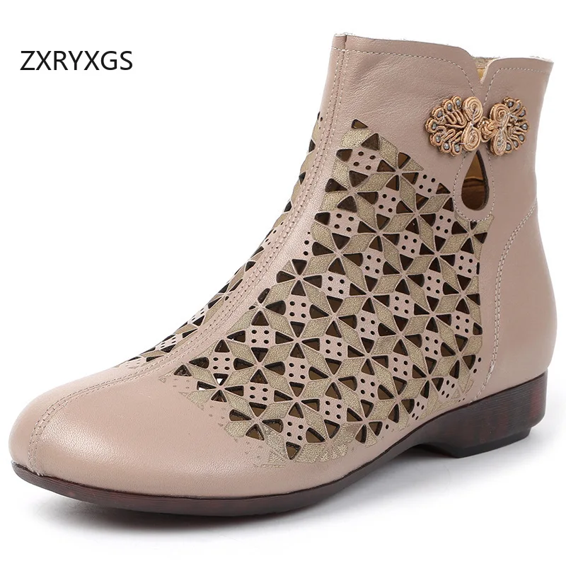 

ZXRYXGS 2026 Classic Retro Top Cowhide Hollow Boots Cool Breathable Women's Genuine Leather Boots Summer Flat Boots Plus Size