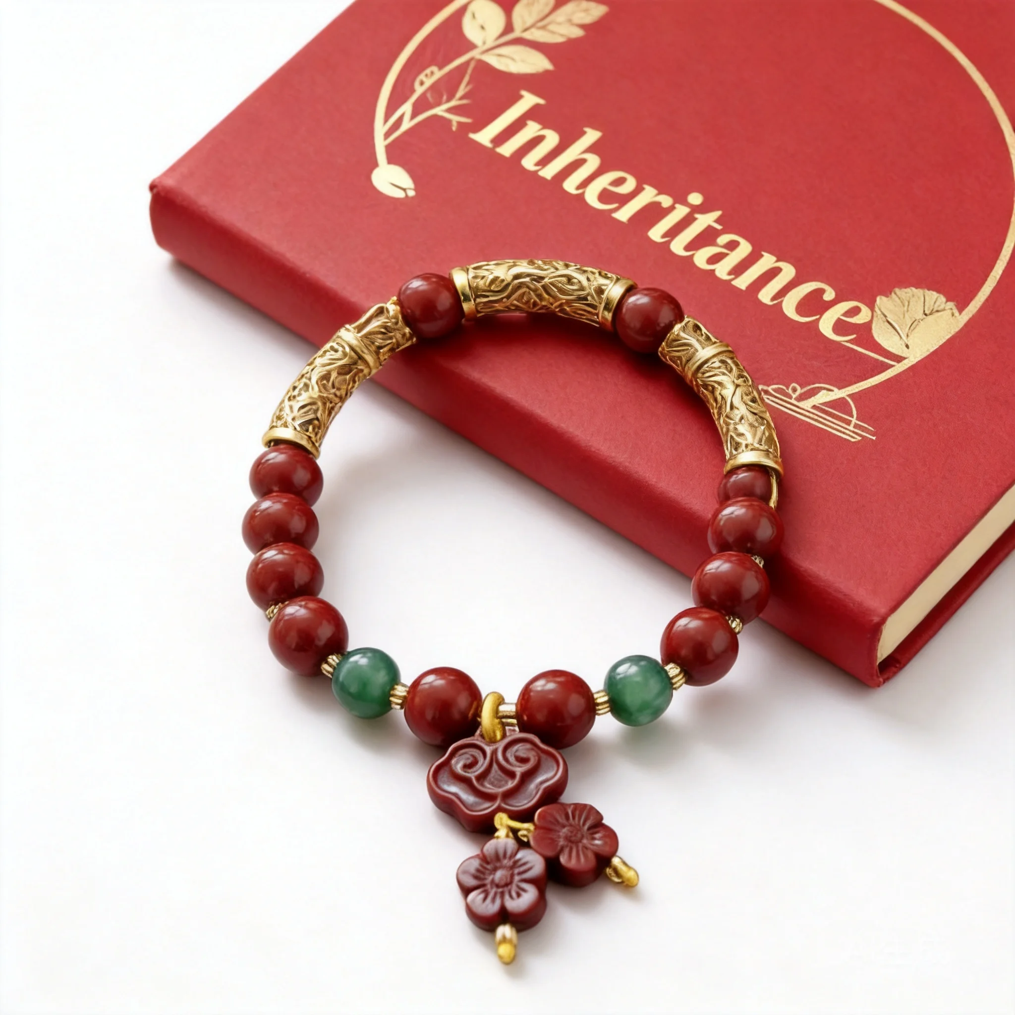 Chinese Style Cinnabar Colored Glaze 10mm 16 Beads Bracelet Auspicious Ruyi Flower Charm Feng Shui Wealth Attracting Good Luck