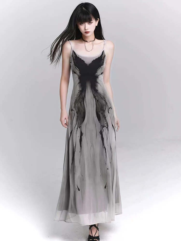 Retro Inkt Vlinder Tie Dye Camis Jurk Vrouwen Zomer Slanke Mouwloze Midi Jurk Y2K Koreaanse Zoete Mesh Spaghettibandjes Vestidos
