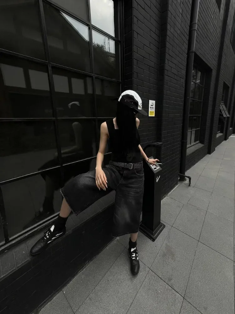 Women Black Y2k Style Baggy Denim Shorts Wide Leg Capri Pants Trendy High Waisted Dark Wash Jeans Female Casual Retro 2000s