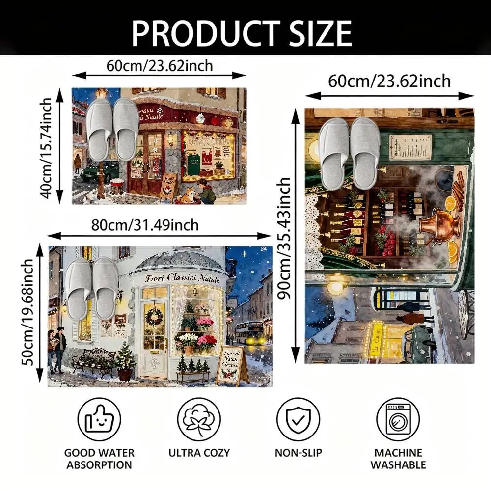 Snowy Christmas Town Floor Mat Soft Non Slip for Entry Door Bathroom Indoor Home Decorative Carpet