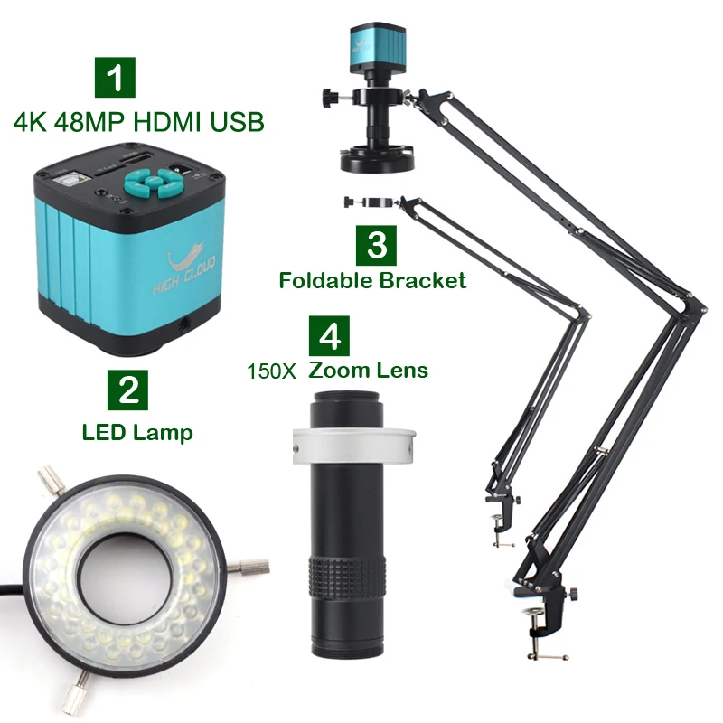 Digitales Mikroskop 48MP 4K – HDMI/USB/Typ-C Mit C-Mount 150X Zoom, Ringlicht, Klappbarem Ständer – Für Elektronik-Reparatur & Lötarbeiten