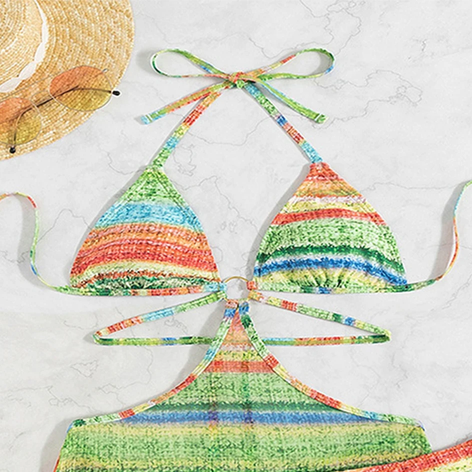 Bikini Sexy Luxury Colorful Rainbow Swimsuit Halter Swimwear Women Cut Out Monokini V Neck High Out Bathers Bathing Suit 1 Piece