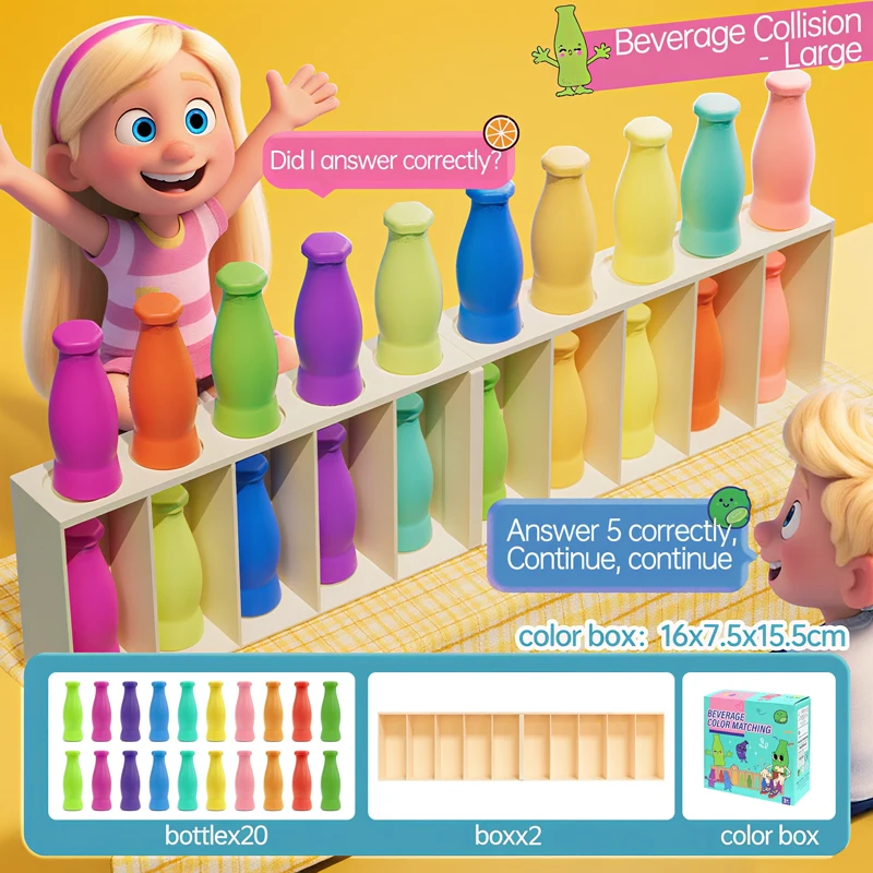Hölzernes Farbklassifizierungsspiel, sensorisches Lernspielzeug, Montessori, Ratet mal die Farbe der Flasche, interaktive Eltern-Kind-Spiele