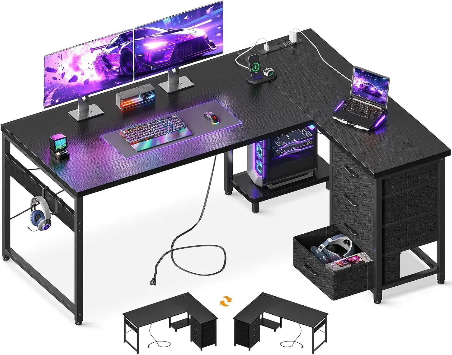 Black L Shaped Gaming Desk 53 Inch 4 Drawers Power Outlets Usb Ports Pc Tower Stand Hooks Reversible Corner Layout Gaming Rooms