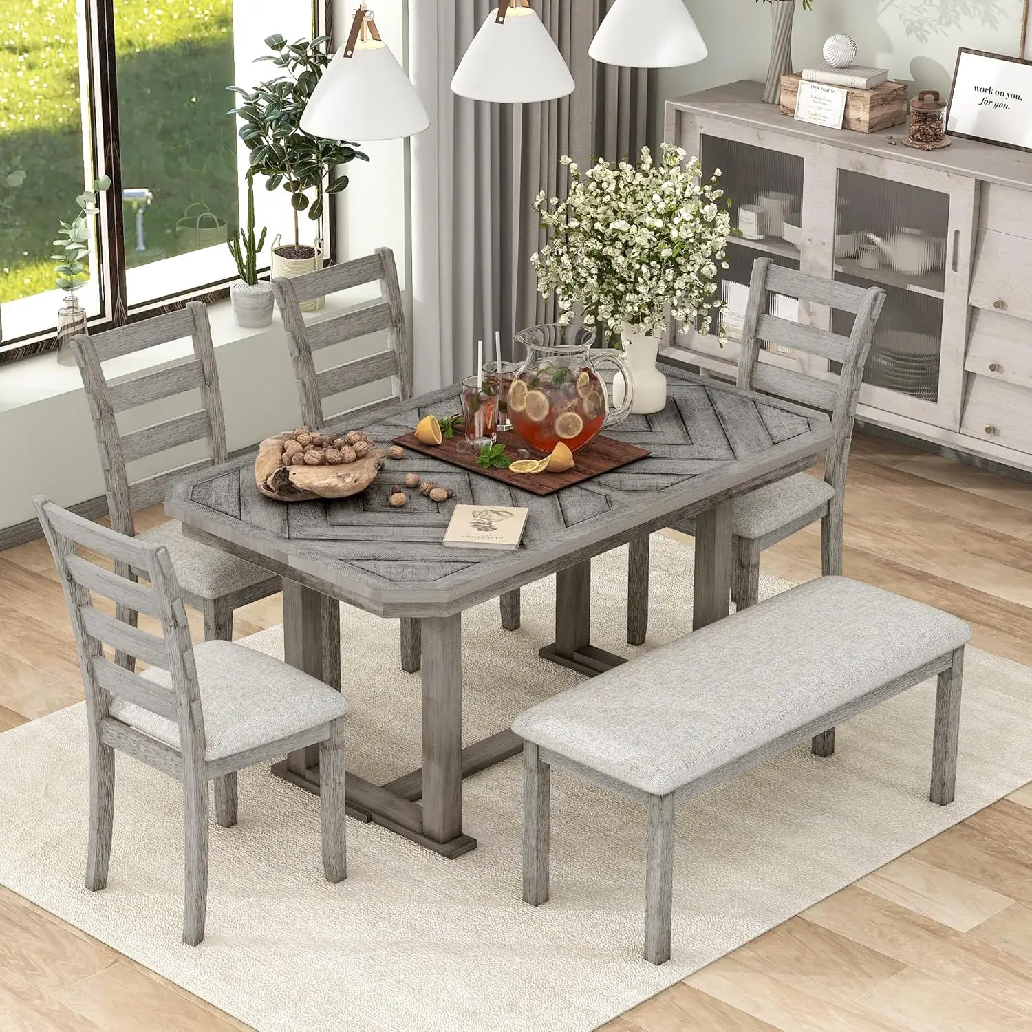 

6-Piece Rubber Wood Dining Table Set With 4 Cushioned Chairs And Bench, Beautiful Wooden Grain Pattern Tabletop, Grey