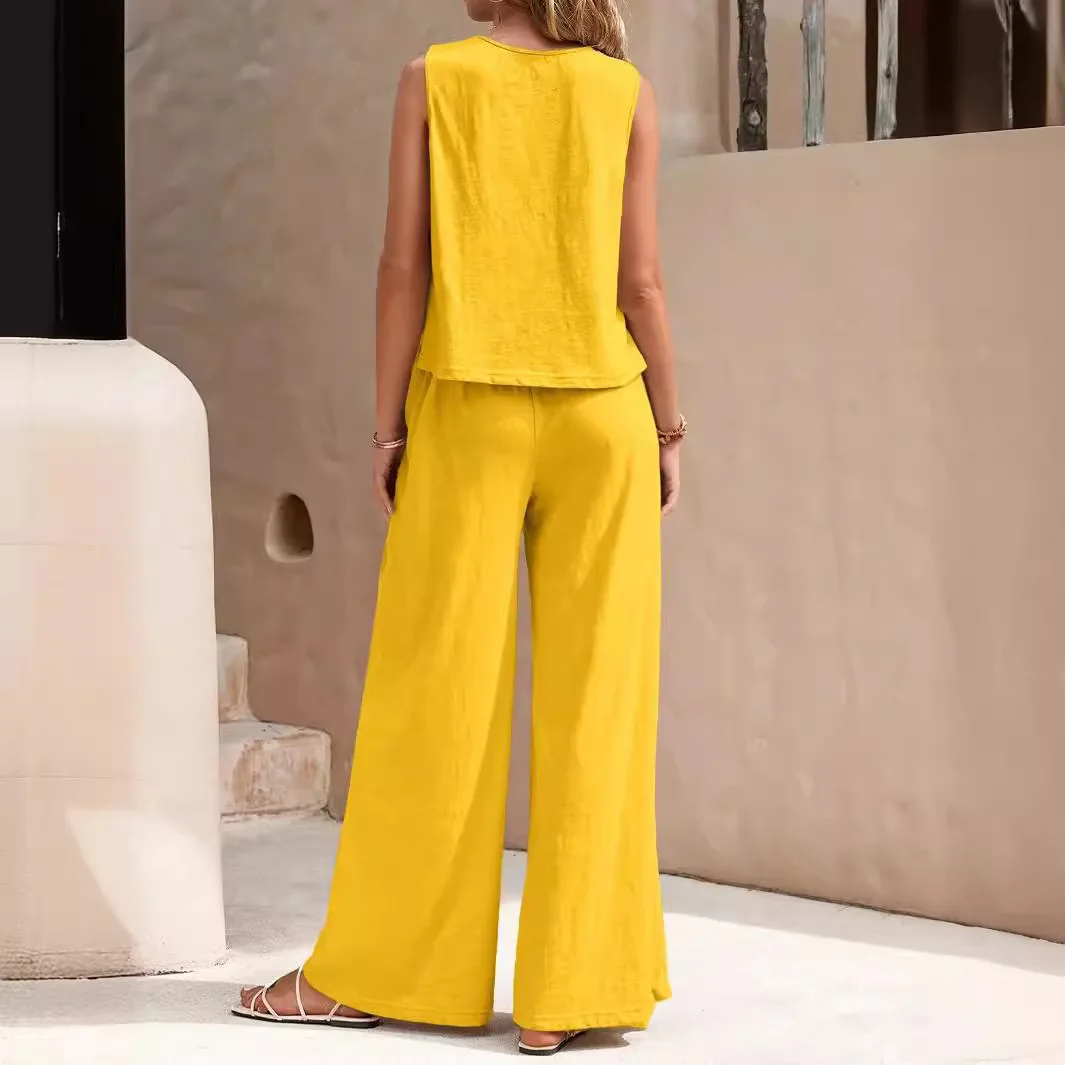 Elegant 2024 Summer Office Lady Two Piece Set Suits Women Casual Solid Sleeveless Tank Top Wide Leg Pants Two Piece Set Women