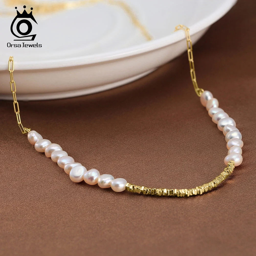 ORSA JEWELS 14K Gold Nugget Chain Necklace 925 Sterling Silver Cultured Freshwater Pearl Necklace Vintage Jewelry for Women GPN6