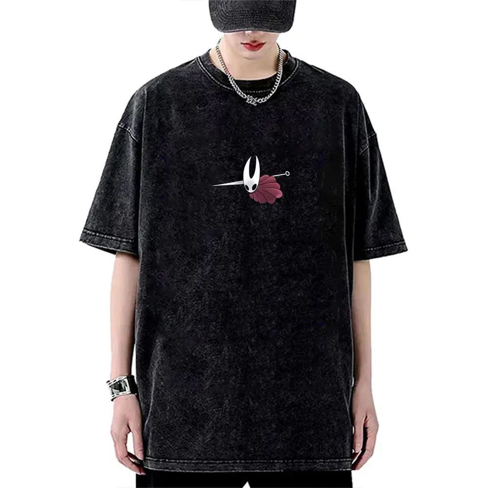 

Washed Vintage Game Hollow Knight Double Sided Print T-shirt Men Fashion Casual Oversized T-shirts Unisex 100% Cotton T Shirts