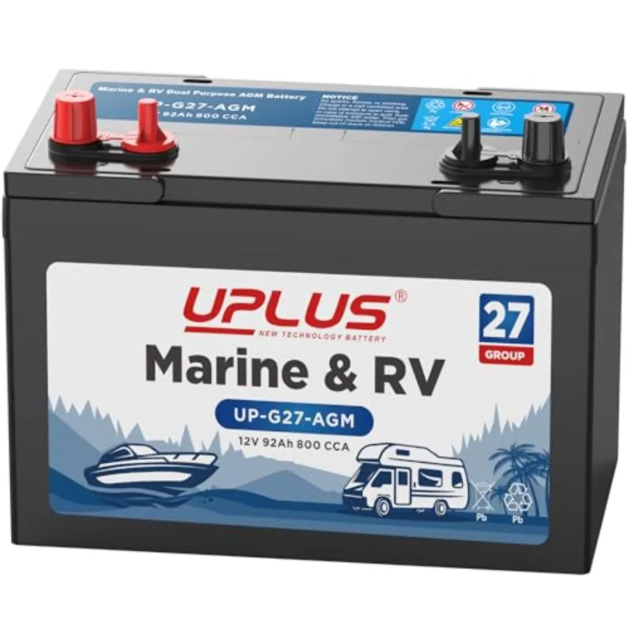 

UPLUS BCI Group 27M Dual Purpose Marine Battery 12V 92Ah 800CCA AGM Starting and Deep Cycle Boat RV Batteries for Navigation De
