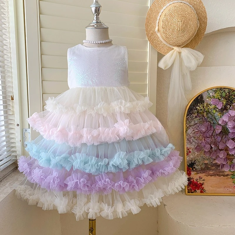 

Girls princess dress summer 2026 new rainbow foreign fluffy mesh children vest