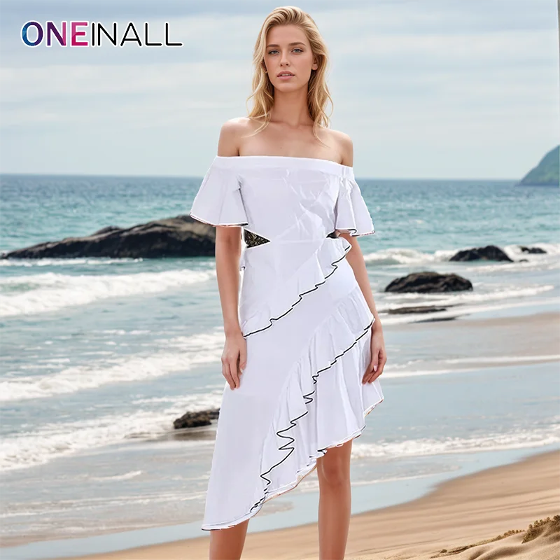 

ONEINALL Solid Patchwork Ruffles Elegant Dresses For Women Slash Neck Short Sleeve High Waist Casual Mini Dress Female Clothing