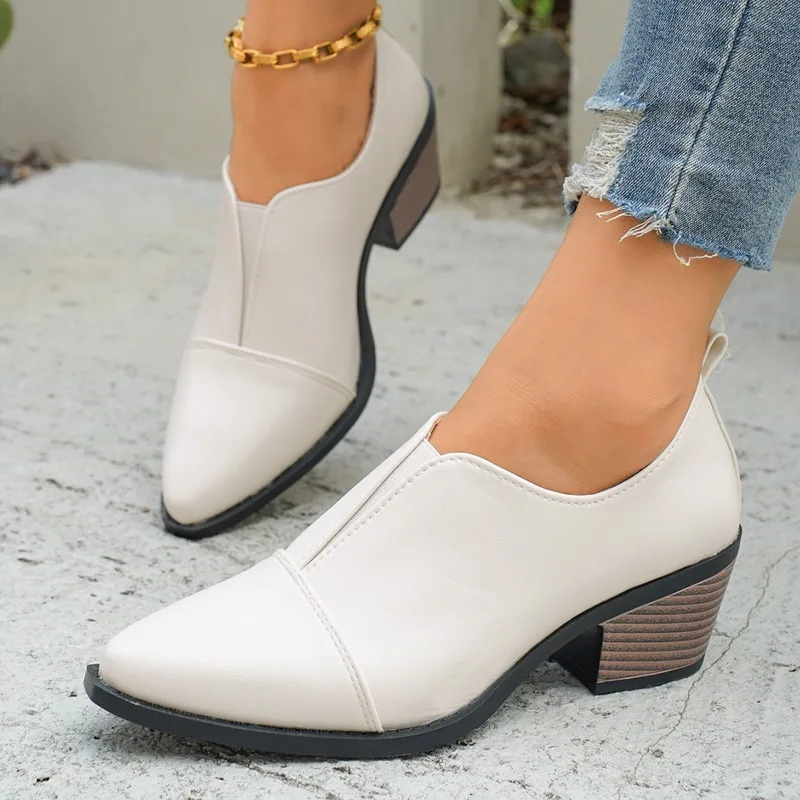 

Block Heel Single Shoes Women's Spring New Round Toe Scrub Splice Deep Mouth Anti-slip Wear-resistant High Heels
