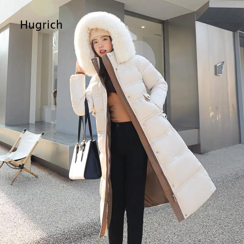 Women Long Over Knee Padded Coat With Big Furry Hood Thick Warm Winter Outerwear Loose Casual Daily Wear for Cold Season