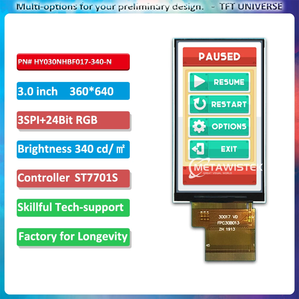 3 inch 360x640 TFT LCD Display with 340nits Brightness ST7701S Driver Customizable 3SPI+24Bit RGB Interface, IPS Viewing Angle