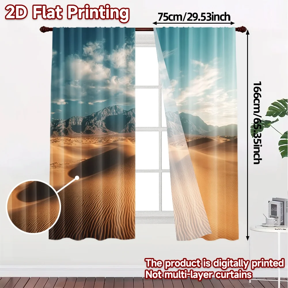 2pcs, 2D FLAT PRINTING Curtains (Without Rod) Desert Horizon Popular Curtains Digital Printed Durable 100% Polyester Fabric