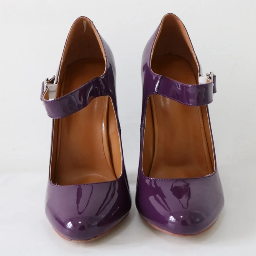 Women Patent Leather Round Toe Mary Jane Pumps Strap Buckle Chunky High Heels Vintage Dress Shoes Large Size Party Footwear