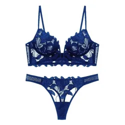 Sexy French Deep V Embroidery Mesh Lingerie Set Autumn Women's Ultra-thin Lace Bra and Panty Set Female Solid See Though Bra