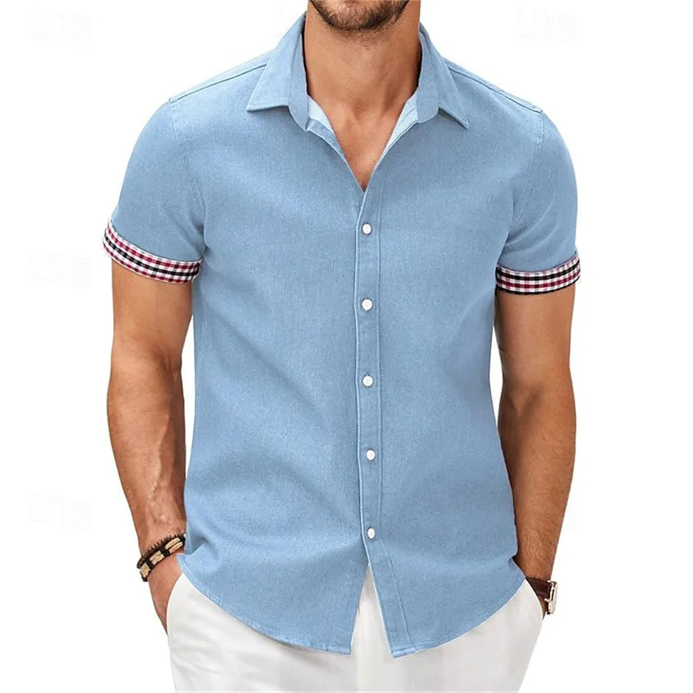 Camisa estampada de Color liso para hombre, traje de trabajo callejero al aire libre, informal de negocios, Top de manga corta con cuello abatible, novedad de verano 2024