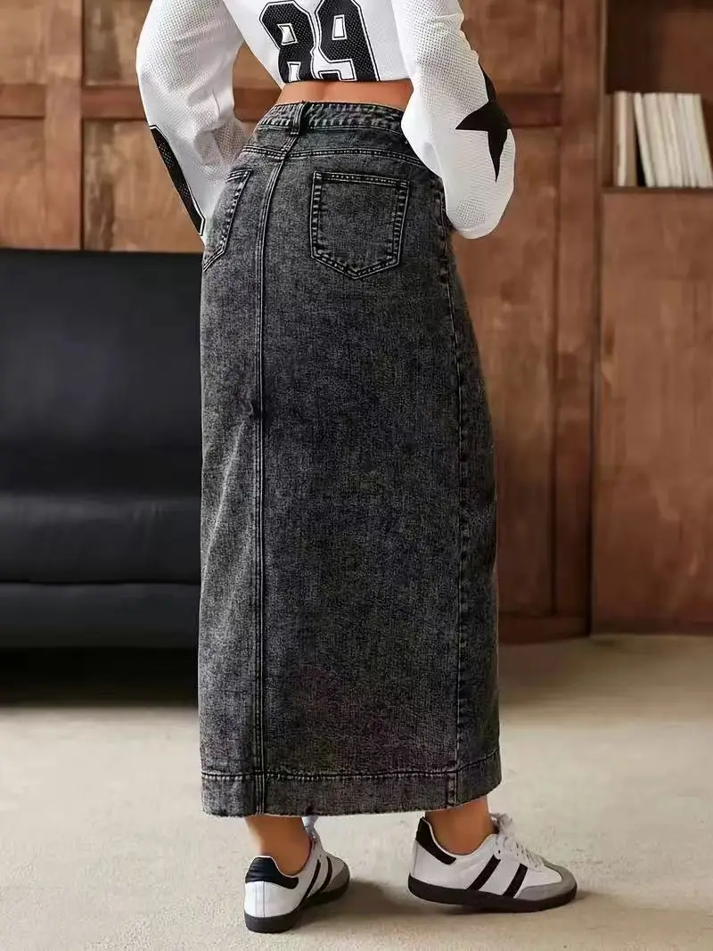 Women's Gray High-Waisted Front-Slit Denim Skirt, Mid-Length Pencil Skirt