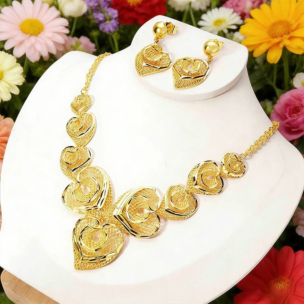 

Dubai Women Necklace Drop Earrings Set Luxury Flower Jewelry African Design Gold Color Necklace Earrings Jewelry Wedding Gifts