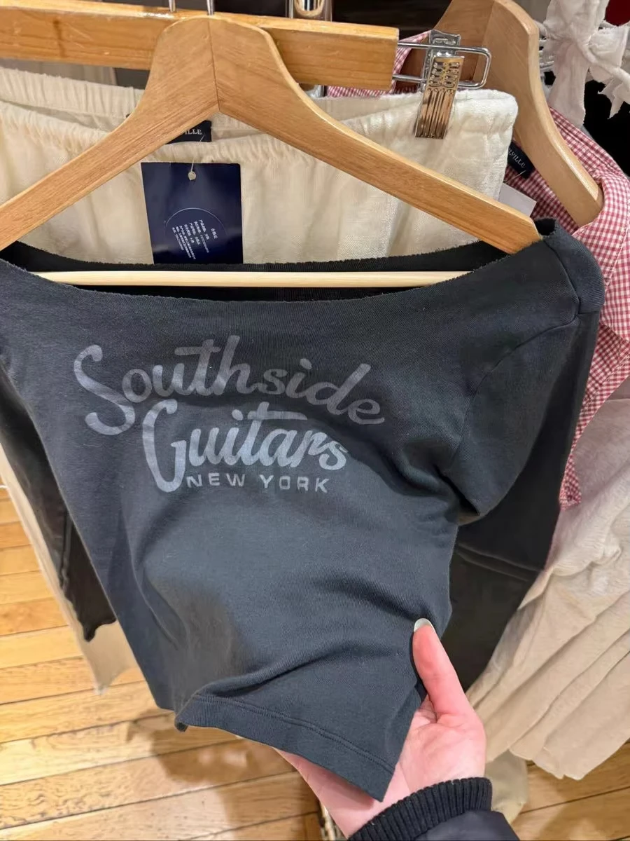 T-shirt a maniche lunghe slim con stampa di lettere Harajuku T-shirt da donna sexy con scollo a barchetta in cotone T-shirt corta vintage americana streetwear