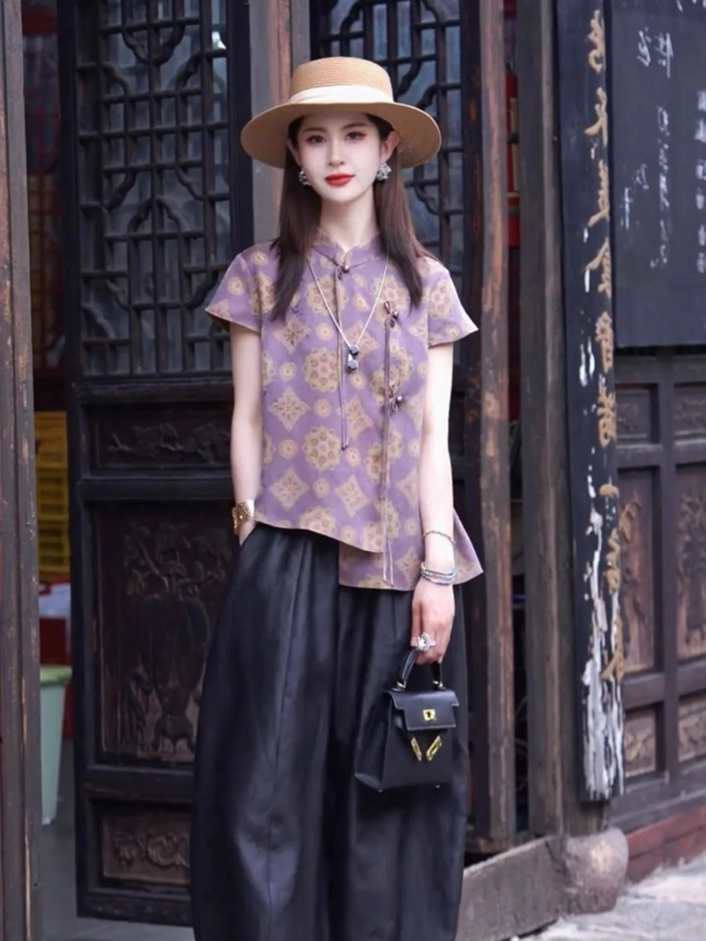 

New Chinese Sle Printed Asymmetrical ort Sve irt Breathable Button up Top Korean Loose Fit Summer Faion Women's Bl...