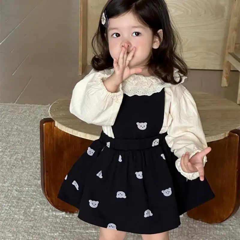 

Новинка осени 202, платье без рукавов для маленьких девочек, милое платье-жилет с принтом медведя для девочек, детское повседневное платье на бретелях, детская одежда