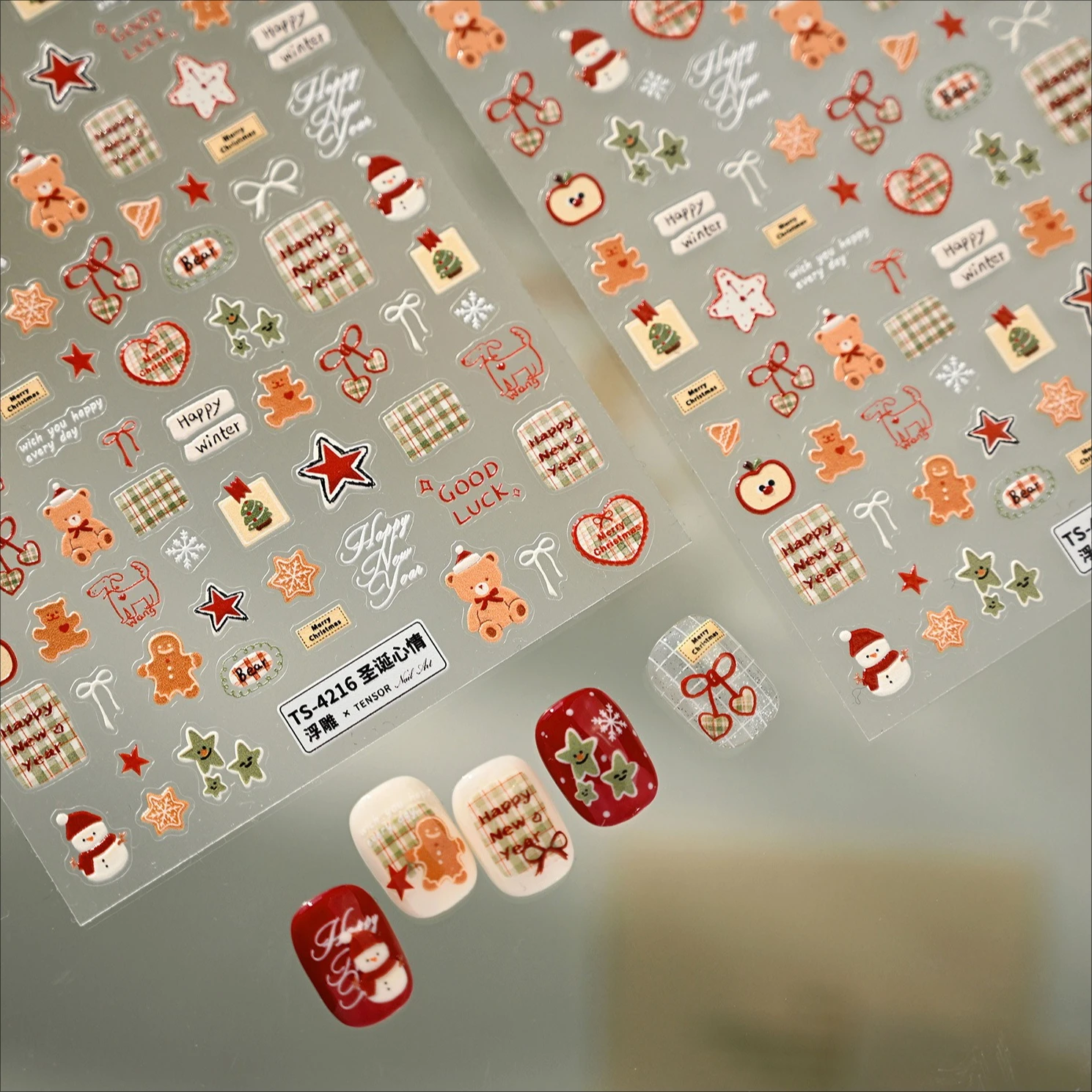 عيد الميلاد الدب Bowknot ثلج الحب القلب شريط النسيج ندفة الثلج الأحمر الأخضر ستار الكلب الزنجبيل مسمار الفن ملصق مانيكير مائي #1