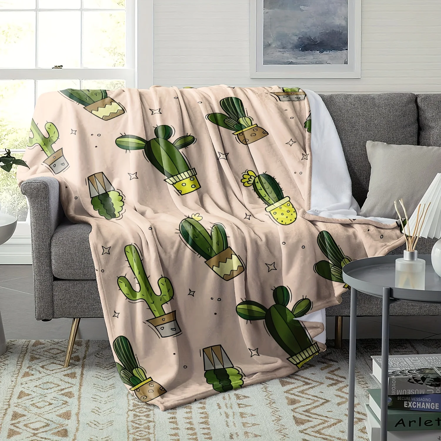 1pc Halloween Cartoon Cactus‑Print Throw Blanket, Sofa & Bed Decor, All‑Season Office Home Decoration