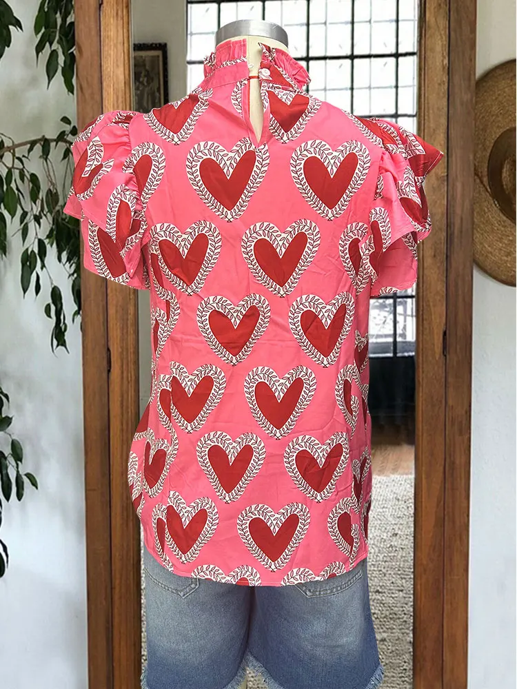 Heart Pleated Ruffle Sleeve Top Valentine's Day Printed Blouse Beautiful Pleated Top O Neck Shirt