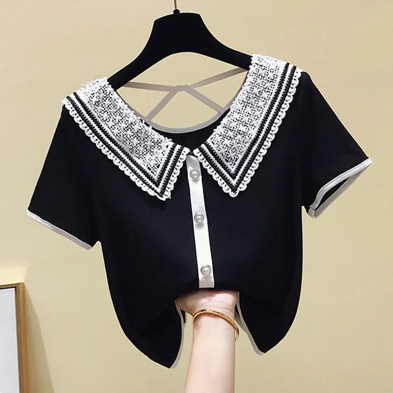 Sweet Peter Pan Collar Hollow Out Ruffles Lace Blouse Women\'s Clothing 2023 Summer New Oversized Casual Tops Office Lady Shirt