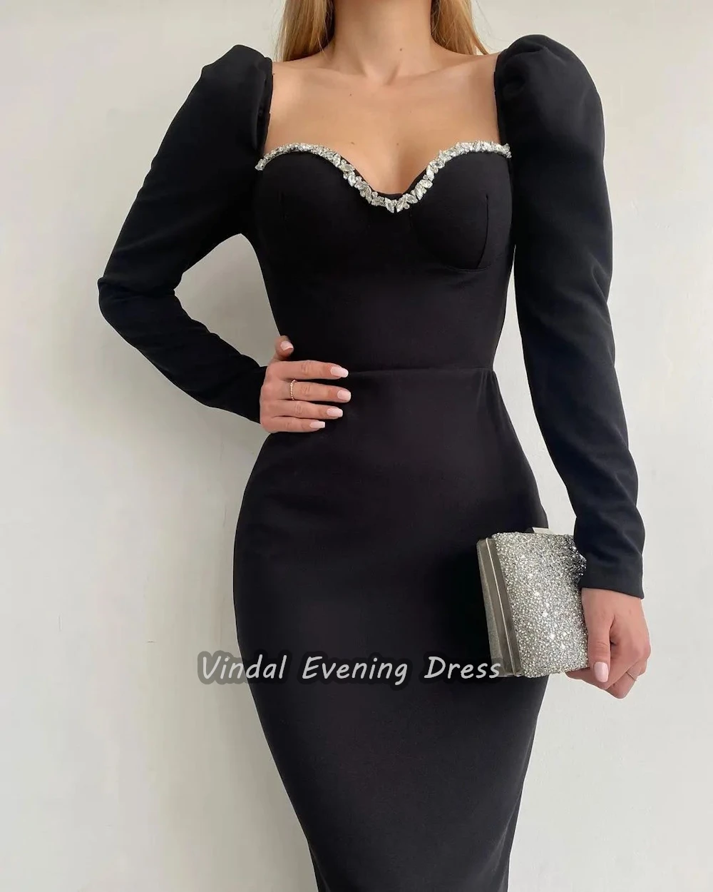 

Vindal Crepe Knee length Ruffle Sweetheart Neckline luxurious Straight Breast Padding Elegant Long Sleeves السعود For Woman 2024