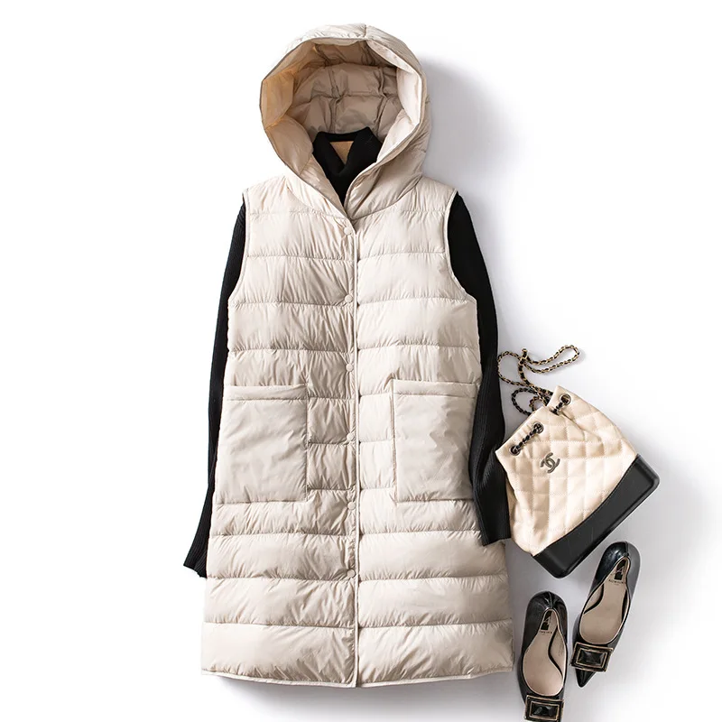 Autumn Winter Slim Hooded Down Waistcoat Women Warm Parkas Light White Duck Down Vest Coat Female Sleeveless Long Tank Jacket