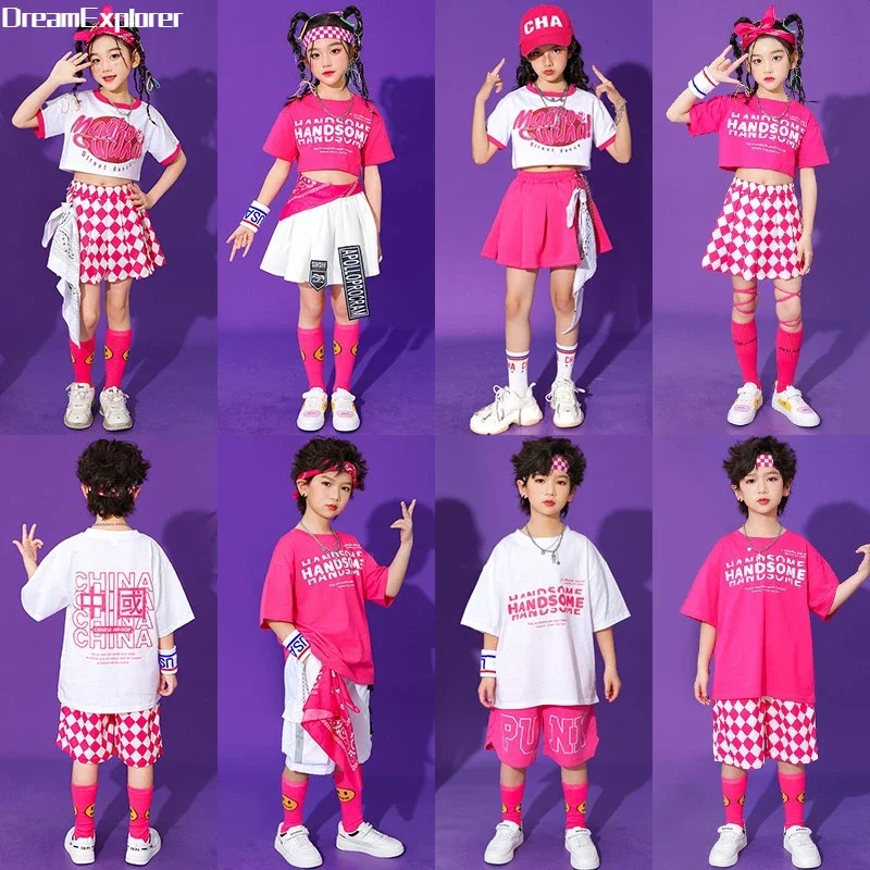 Girls Hip Hop Pink Crop Top Rose Plaid Skirts Boys T-shirt Street Dance Shorts Child Sweet Summer Clothes Sets Kids Jazz Costume