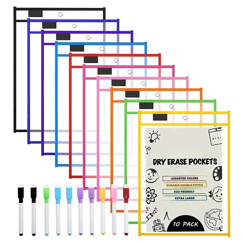 Dry Erase Pockets Sleeves, (10 Pack) A4 Paper Job Ticket Holders, Reusable Dry Erase Sheets For Classroom Worksheets