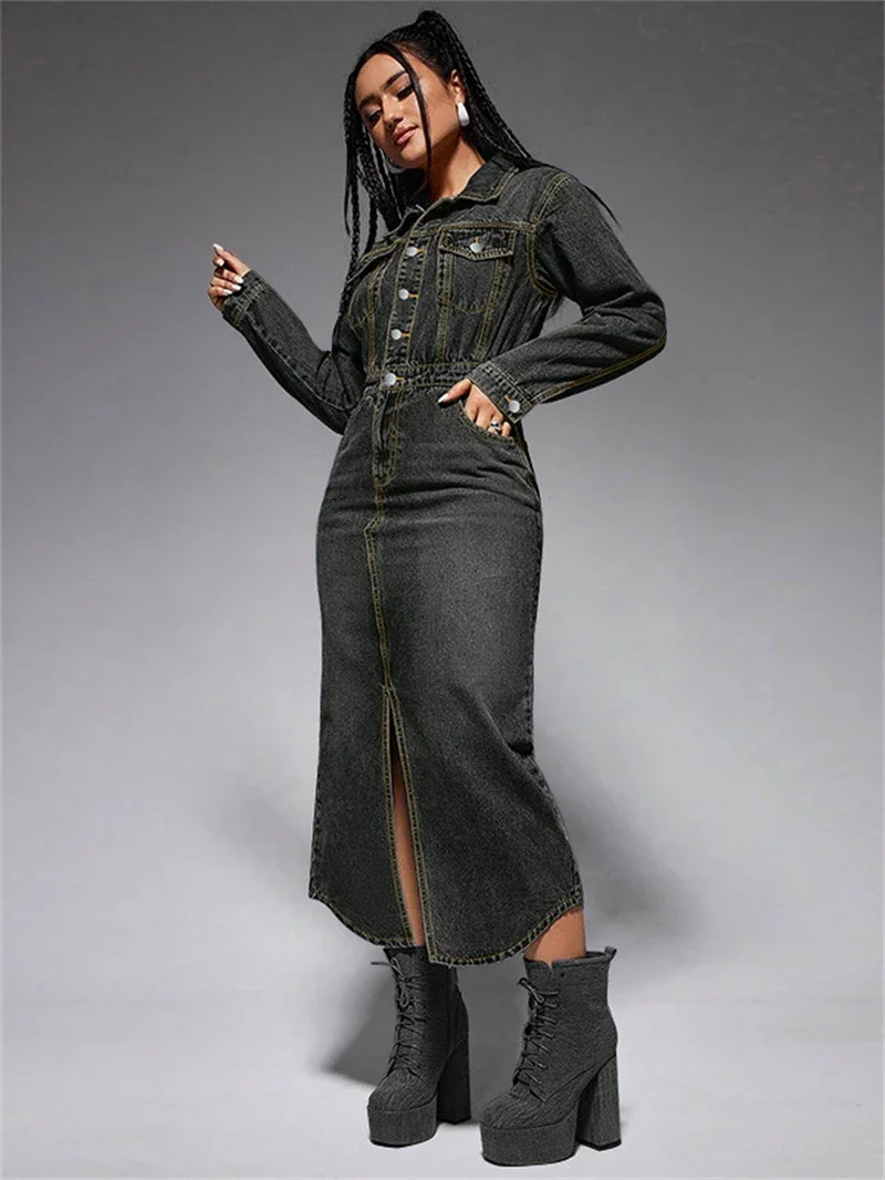 Streetwear Denim Dress Spring Clothes Women 2025 Turn Down Collar Boutton Up Jean Dresses Female Vintage Cowboy Dress Vestidos