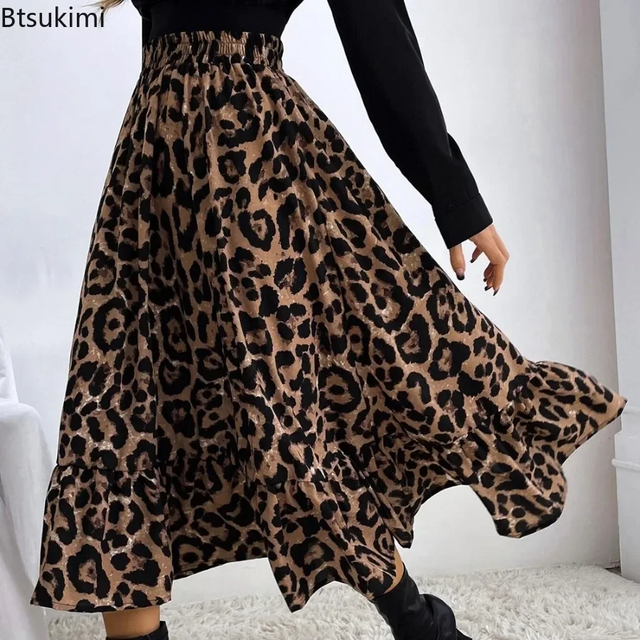 

2024 Women's Leopard Print High Waist Skirt Dress All Match Loose Swing Mid-length Skrit for Girls Evening Party A-Line Skirt