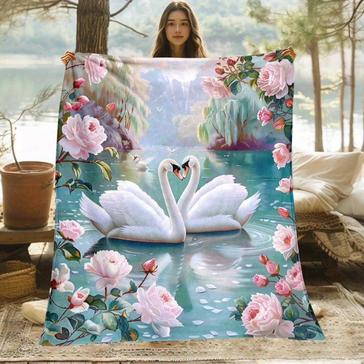 1pc White Swans Blanket- Lightweight Throw for Sofa, Outdoor, Camping, Livingroom, Office, Chair, and Bed - Digital Printing Sof