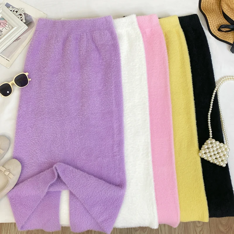 

High Waist Knitted A-Line Skirt Women's Autumn Winter Fashion Design Slimming Water Rabbit Fur Simulation Half-length Skirt