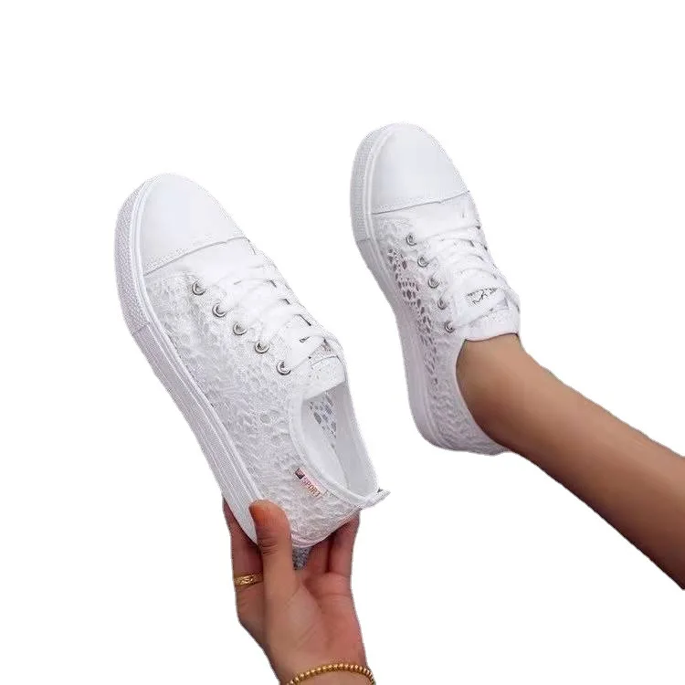 Women Shoes 2022 Fashion Summer Casual White Shoes Cutouts Lace Canvas Hollow Breathable Platform Flat Shoes Woman Sneakers